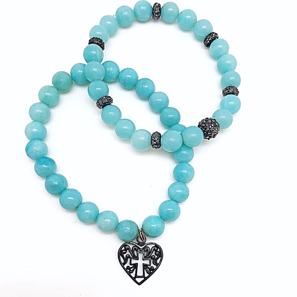NEW Peruvian Amazonite Cross Heart Charm Stretchy